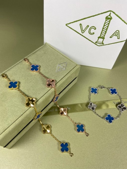 Van Clerk Arpel Bracelet VCA Five-flowered Blue Cedony Laser Bracelet Platinum Gold Rose Gold - Image 7
