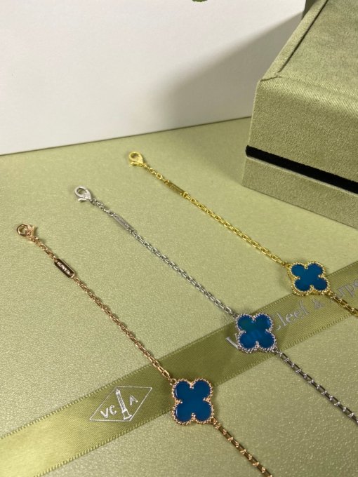 Van Clerk Arpel Bracelet VCA Four-leaf Crop Medium Blue Cedony Bracelet Platinum Gold Rose Gold - 图片 2