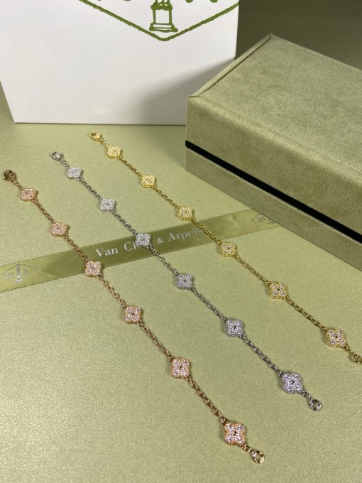 Van Clerk Arpel Bracelet VCA Mini Six Flower Full Diamond Bracelet Platinum Gold Rose Gold