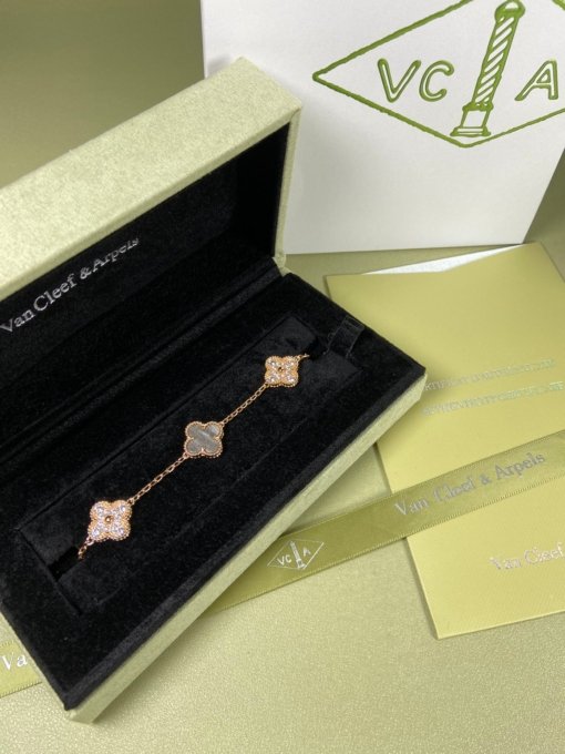 Van Clerk Arpel Bracelet VCA Five-flowered Silver Obsidian Diamond Bracelet Platinum Gold Rose Gold - 图片 7