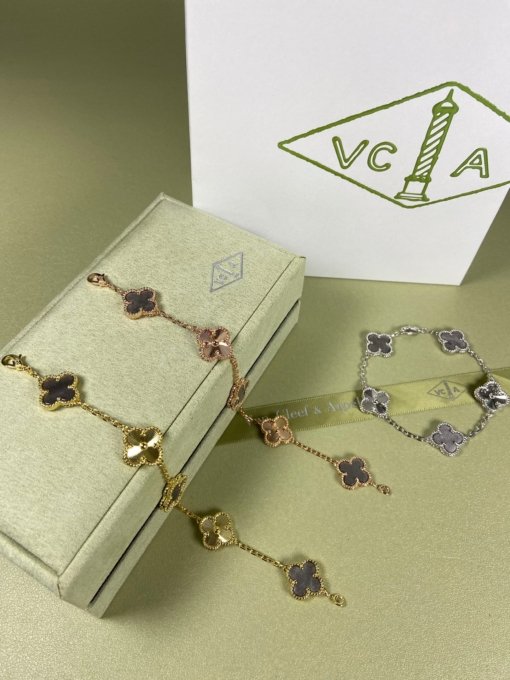 Van Cleef Arpels Bracelet VCA Five Flowers Silver Obsidian Laser Bracelet Platinum Gold Rose Gold - Image 7