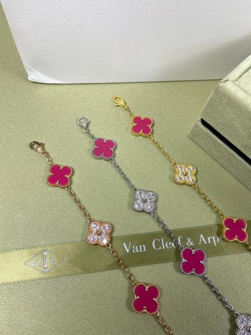 Van Clerk Arpel Bracelet VCA Five-flowered Red Shell Diamond Bracelet Platinum Gold Rose Gold - Image 2