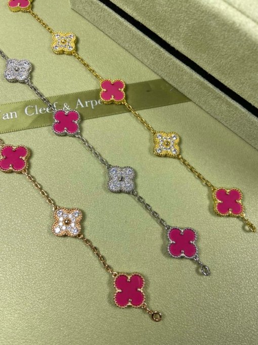 Van Clerk Arpel Bracelet VCA Five-flowered Red Shell Diamond Bracelet Platinum Gold Rose Gold - Image 3