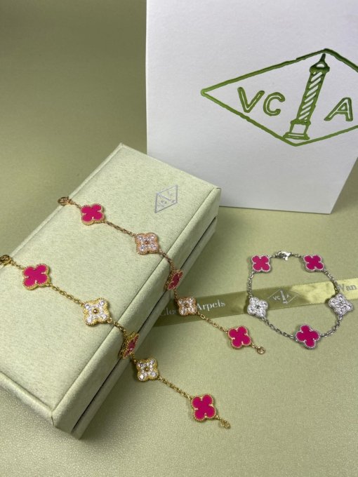 Van Clerk Arpel Bracelet VCA Five-flowered Red Shell Diamond Bracelet Platinum Gold Rose Gold - Image 8