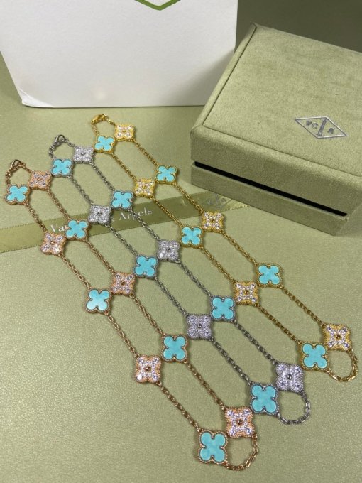 Van Clerk Arpel Necklace VCA Ten Flowers Turquoise Diamond Necklace Platinum Gold Rose Gold