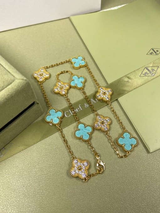 Van Clerk Arpel Necklace VCA Ten Flowers Turquoise Diamond Necklace Platinum Gold Rose Gold - 图片 7