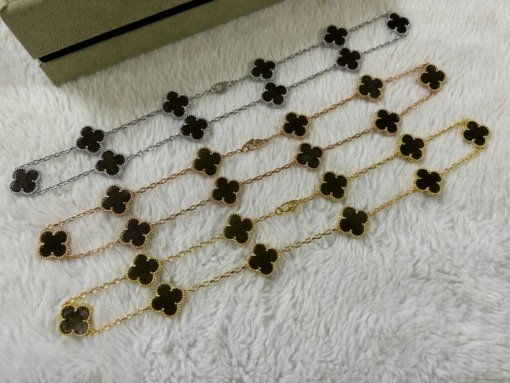 VCA Van Clerk Arpels Ten Flowers Obsidian Necklace Platinum Rose Gold Gold - 图片 2