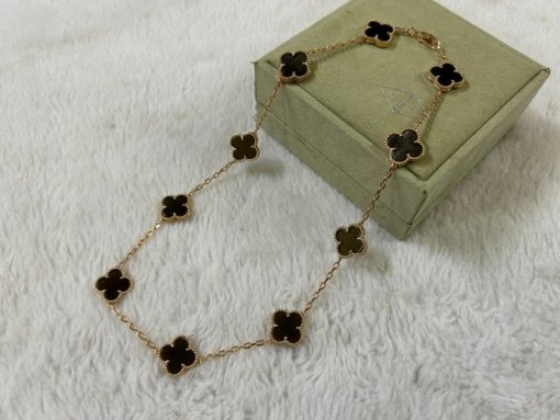 VCA Van Clerk Arpels Ten Flowers Obsidian Necklace Platinum Rose Gold Gold - 图片 4