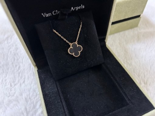 VCA Van Clerk Arpels 4-leaf clover medium obsidian necklace Platinum Rose Gold Gold - 图片 4